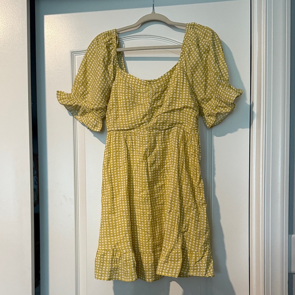 Very J Yellow Checkered Puff Sleeve Mini Dress